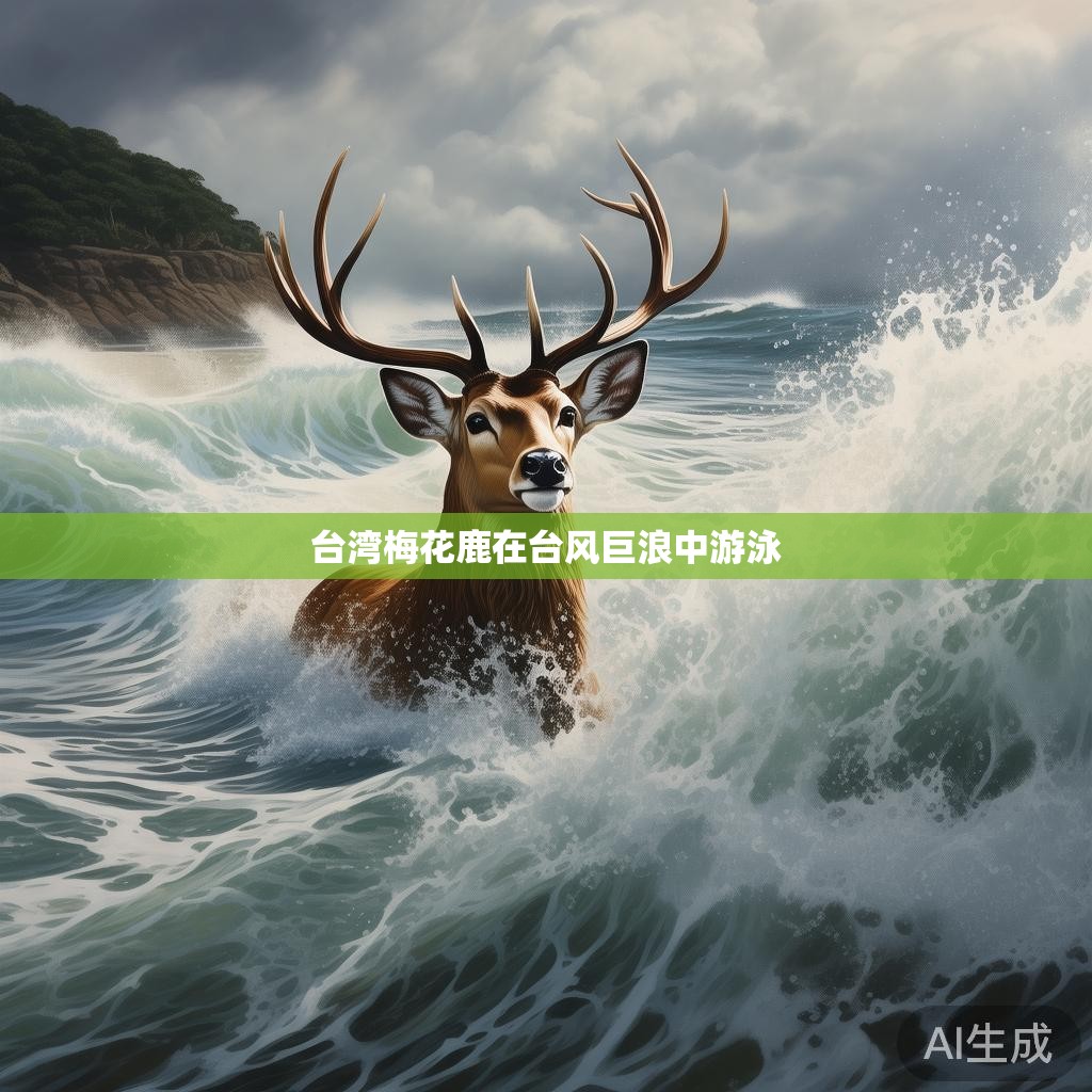 台湾梅花鹿在台风巨浪中游泳