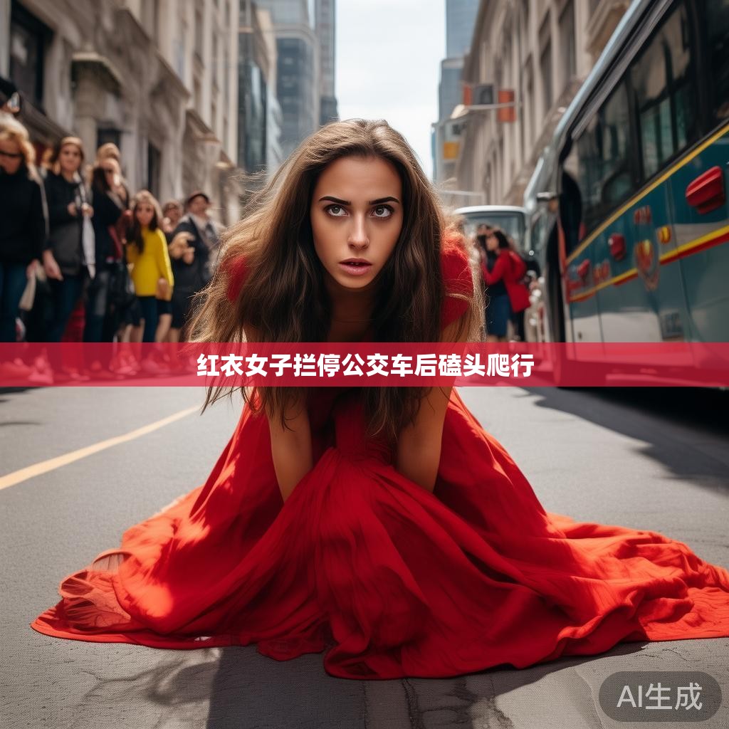红衣女子拦停公交车后磕头爬行