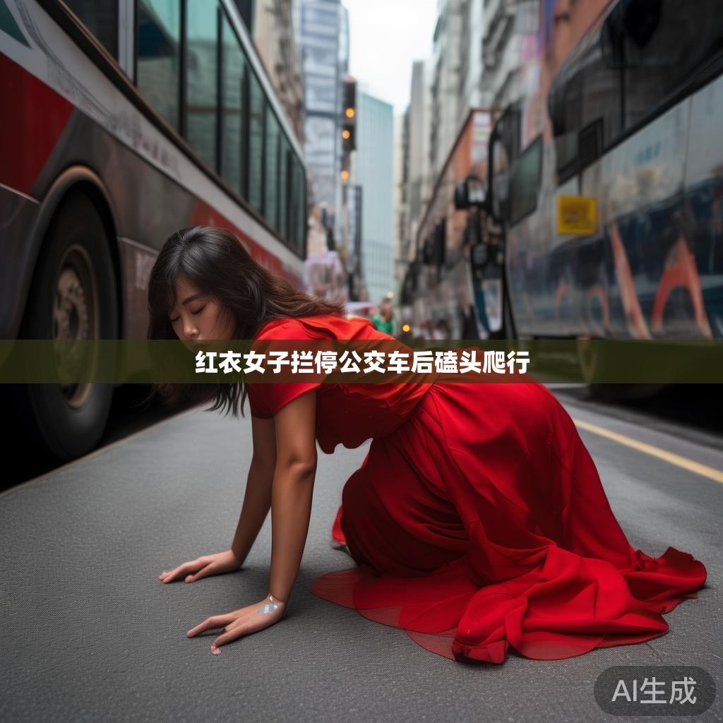 红衣女子拦停公交车后磕头爬行